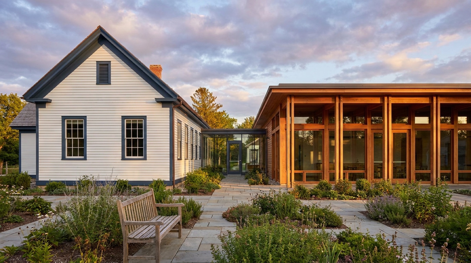 The original white farmhouse that now houses the kindergarten, with a modern glass classroom wing behind it