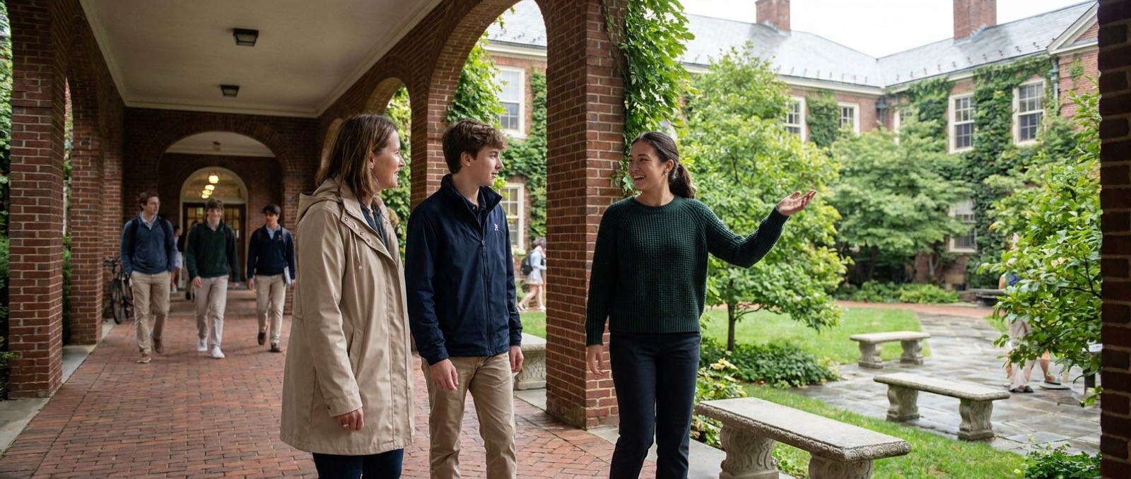 A student guide leading a family along a covered walkway between school buildings