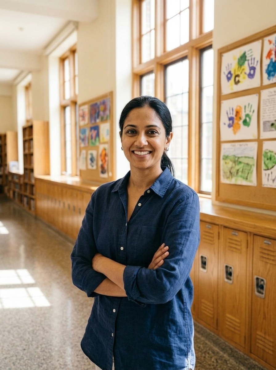 Sunita Rao in a Middle School hallway lined with lockers