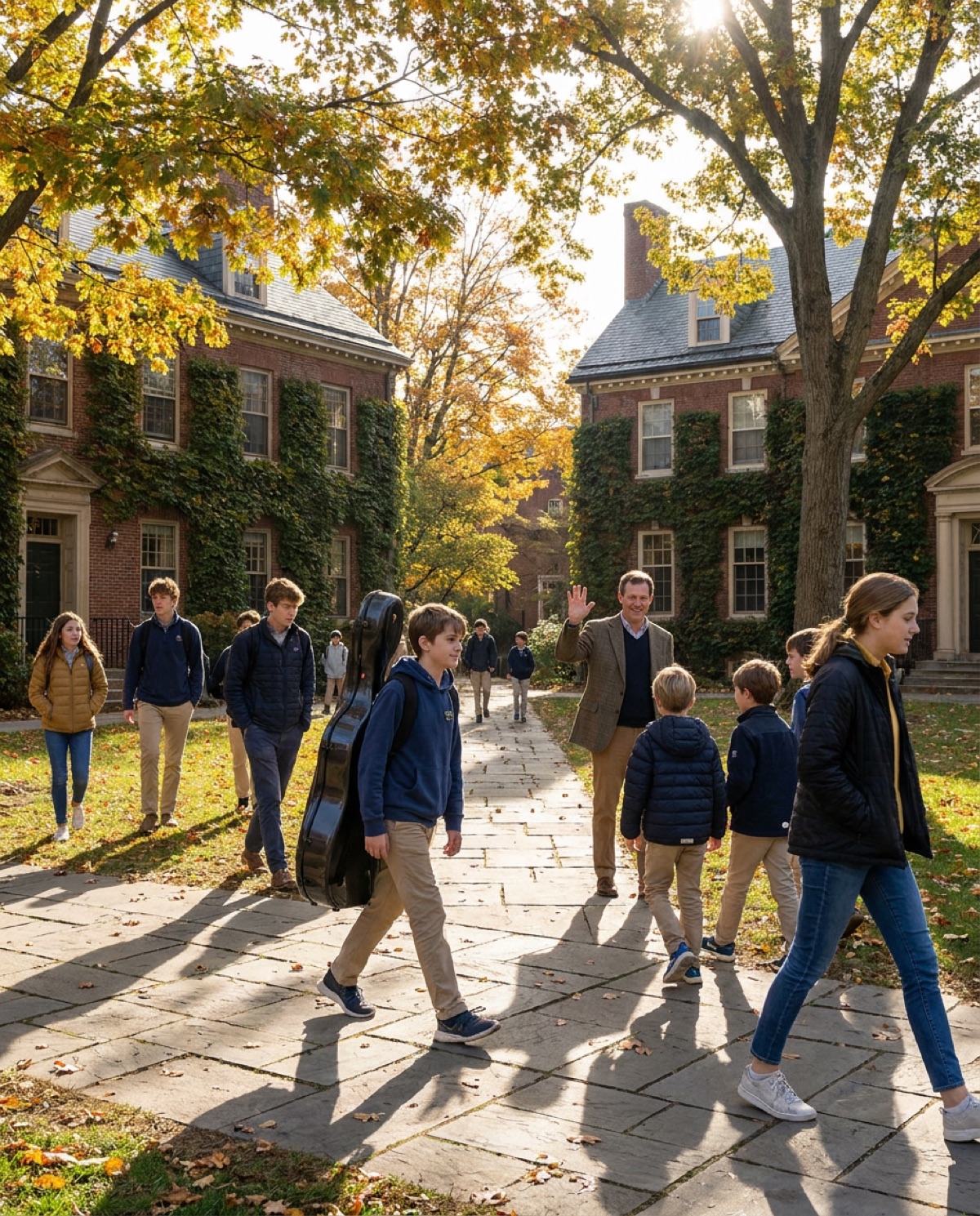 Students crossing a leafy campus quad between brick buildings on an early autumn morning