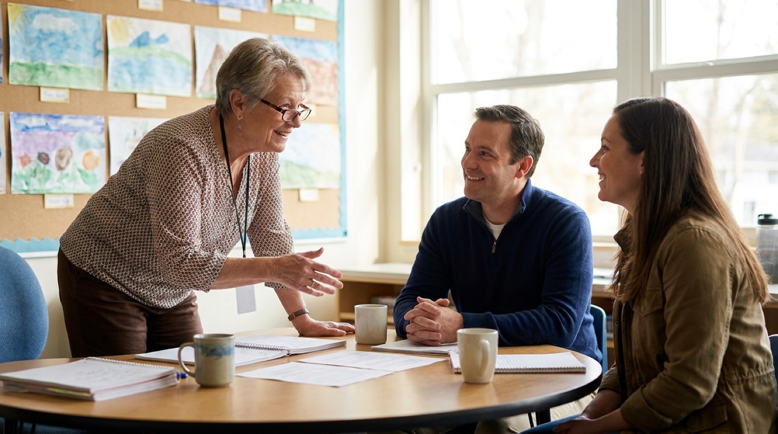 A teacher and two parents talking at a low table in a bright Lower School classroom after dismissal