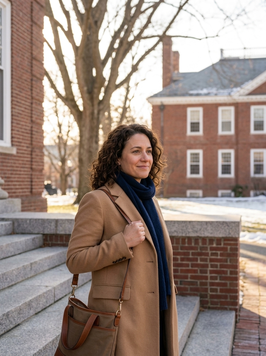 A mother in her forties standing on the campus steps in a wool coat, looking at someone off camera